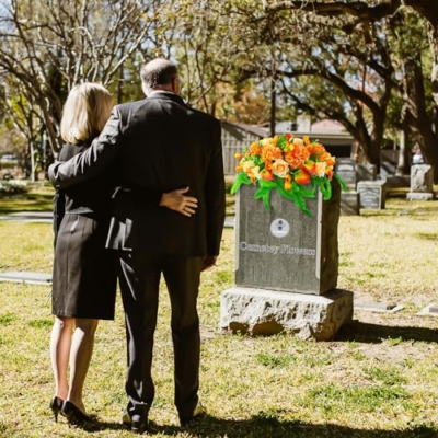 Product: FLOWERIA Artificial Cemetery Flowers - Outdoor Grave Saddle for Headstone Decorations with Orange Roses Tulips