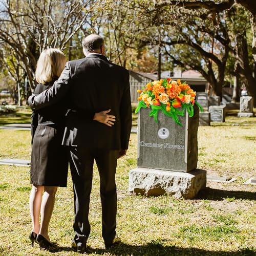 Product: FLOWERIA Artificial Cemetery Flowers - Outdoor Grave Saddle for Headstone Decorations with Orange Roses Tulips