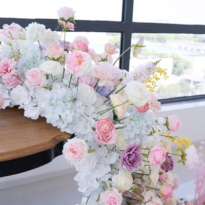 Silky Flower Store Artificial Flower Garland Runner, Cascading Wedding Centerpiece, Pink White Hydrangea Rose Decor, 240cm x 110cm 11 11 Product: 94.5in Artificial Flower Garland Runner, Cascading Floral Centerpiece for Wedding & Banquet Table Decor, Hotel Event Conference Party Backdrop, Faux Hydrangea Rose Bouquet