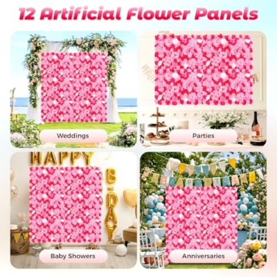 Product: 12-Piece Artificial Flower Wall Panels with Realistic Dahlia Rose Hydrangea, Wall Backdrop, Pink Rose Red Gradient Floral Backdrop for Wedding Birthday Party Decor, Indoor Outdoor Decoration