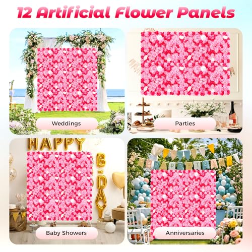 Product: 12-Piece Artificial Flower Wall Panels with Realistic Dahlia Rose Hydrangea, Wall Backdrop, Pink Rose Red Gradient Floral Backdrop for Wedding Birthday Party Decor, Indoor Outdoor Decoration