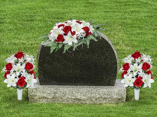 Product: XONOR Artificial Cemetery Flower Saddles, Cemetery Memorial Flowers with Vase for Grave Tombstone Decorations, Lily Rose Headstone Flowers Saddle(1 Saddle 2 Bouquets)