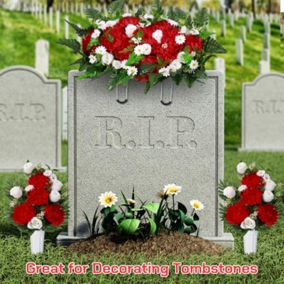 Silky Flower Store Artificial Cemetery Flowers for Grave Headstone Saddle, Red Memorial Floral Arrangement, 3 Piece Set 20.5cm 11 11 Product: Thiccywoov 3 Pcs Artificial Cemetery Flowers for Grave Funeral Headstone Saddle Mum Rose Bouquets with Vase Memorial Flowers for Outdoor Grave Tombstone Cemetery Decoration(Red)