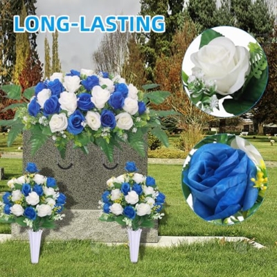 Silky Flower Store Artificial Cemetery Flower Saddle, Blue White Rose Bouquet, Faux Graveside Floral Arrangement, 27x19x9in, 19in, 12in 10 10 Product: Hibsotco Artificial Cemetery Flower Saddles, Cemetery Memorial Flowers with Vase for Grave Tombstone Decorations,Artificial Rose Bouquet Grave Memorial Flowers (Blue White)