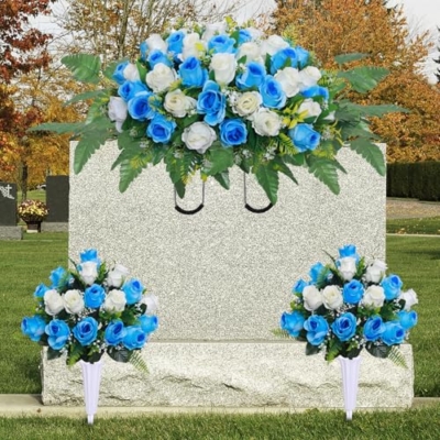 Product: Lodou 3 Pcs Artificial Cemetery Flower Saddles, Rose Headstone Flower Saddle,Cemetery Memorial Flowers with Vase for Outdoor Grave Tombstone Decorations ﻿ (Blue White)