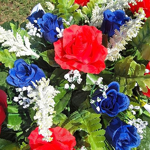 Silky Flower Store Cemetery Saddle Memorial Decoration, Red White and Blue Roses Calla Lilies, Artificial Silk Memorial Flowers, 20.5cm 6 6 Product: Cemetery Saddle Memorial Decoration - Realistic Silk Faux Floral Artificial Grave Flowers - Red White and Blue Roses and Calla Lilies for Headstone Decorating
