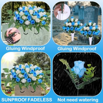 Product: Lodou 3 Pcs Artificial Cemetery Flower Saddles, Rose Headstone Flower Saddle,Cemetery Memorial Flowers with Vase for Outdoor Grave Tombstone Decorations ﻿ (Blue White)