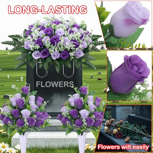 Product: LOSFOTBO 3pcs Headstone Flowers Saddle for Tombstone,Cemetery Flower Memorial Bouquet with Vase,Rose Headstone Flowers Saddle (Purple)