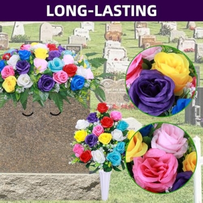 Product: Artificial Cemetery Flower Saddles,Artificial Silk Flower Arrangement for Headstones,Cemetery Memorial Flowers with Vase for Grave Tombstone Decorations (Colour, 1 Saddle 2 Bouquets)