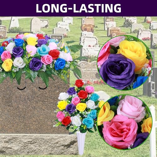 Product: Artificial Cemetery Flower Saddles,Artificial Silk Flower Arrangement for Headstones,Cemetery Memorial Flowers with Vase for Grave Tombstone Decorations (Colour, 1 Saddle 2 Bouquets)