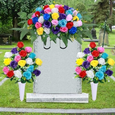 Product: Artificial Cemetery Flower Saddles,Artificial Silk Flower Arrangement for Headstones,Cemetery Memorial Flowers with Vase for Grave Tombstone Decorations (Colour, 1 Saddle 2 Bouquets)