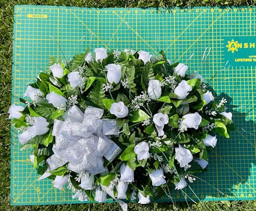 Product: Jucgghk Vivid and Realistic Floral Art Artificial Cemetery Flower Saddles, White Rose Headstone Flower Saddle Grave Decorations,Cemetery Memorial Flowers for Grave Tombstone Decorations