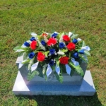 Product: Cemetery Saddle Memorial Decoration - Realistic Silk Faux Floral Artificial Grave Flowers - Red White and Blue Roses and Calla Lilies for Headstone Decorating