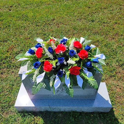 Cemetery Saddle Memorial Decoration - Realistic Silk Faux Floral Artificial Grave Flowers - Red White and Blue Roses and Calla Lilies for Headstone Decorating - Artificial Flower Arrangements Product: Cemetery Saddle Memorial Decoration - Realistic Silk Faux Floral Artificial Grave Flowers - Red White and Blue Roses and Calla Lilies for Headstone Decorating