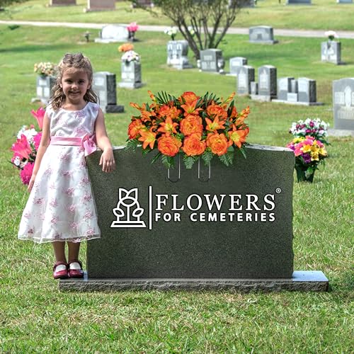 Product: Sympathy Silks 30" Headstone Flower Saddle Artificial Cemetery Flowers - Gravesite Flowers - Sunrise Gladiolus Roses, Lilies