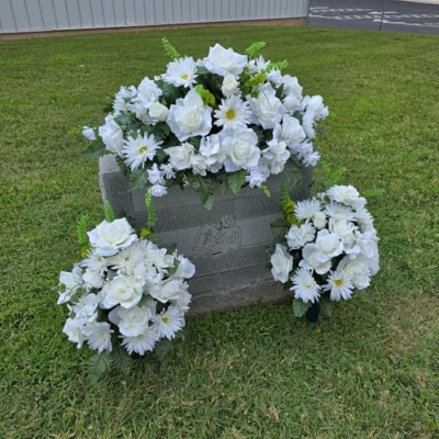 Product: Cream Roses Headstone Saddle, White Gerbera Daisies Hydrangeas Cemetary Cone for Perfect Cemetery Decoration Garland for Table Centerpiece Holiday Party Weddi