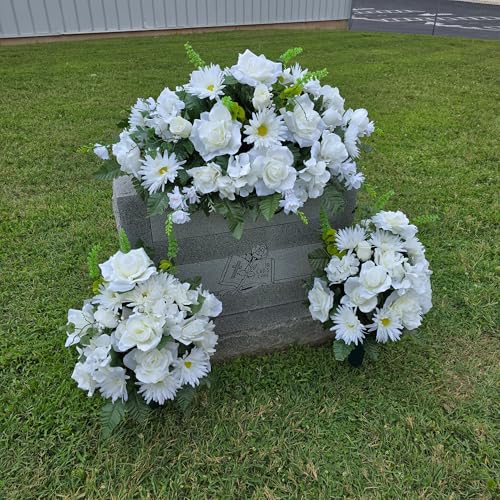 Product: Cream Roses Headstone Saddle, White Gerbera Daisies Hydrangeas Cemetary Cone for Perfect Cemetery Decoration Garland for Table Centerpiece Holiday Party Weddi