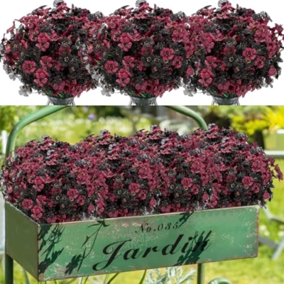Product: Lyrow 100 Bundles Violet Artificial Flowers, UV Resistant Faux Silk Flowers Outdoor, Fake Violet Bulk for Front Porch Hanging Garden Courtyard Farmhouse Home (Black and Red)