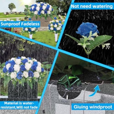 Silky Flower Store Artificial Cemetery Flower Saddle, Blue White Rose Bouquet, Faux Graveside Floral Arrangement, 27x19x9in, 19in, 12in 9 9 Product: Hibsotco Artificial Cemetery Flower Saddles, Cemetery Memorial Flowers with Vase for Grave Tombstone Decorations,Artificial Rose Bouquet Grave Memorial Flowers (Blue White)