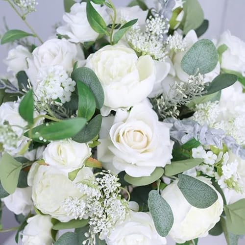 Product: White and Sage Green Wedding Table Arrangement, Guest Table Flower Ball, Wedding Floral Centerpiece, Made with Rose, Peony and Baby's Breath (40cm)