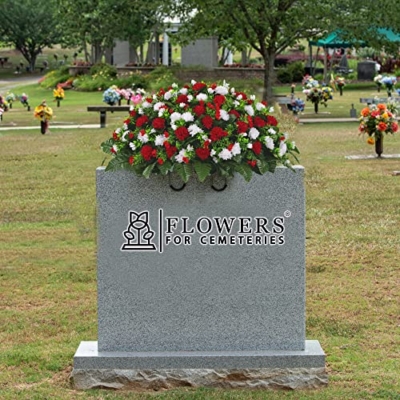 Product: Sympathy Silks Artificial Cemetery Flowers - Grave Decorations Winter Memorial - Christmas Red and White Mums saddle for headstone