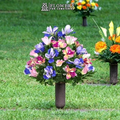 Product: Sympathy Silks Artificial Cemetery Flowers – Realistic Vibrant Tulips, Outdoor Grave Decorations - 1 Cream Pink Tulip Purple Iris Bouquet