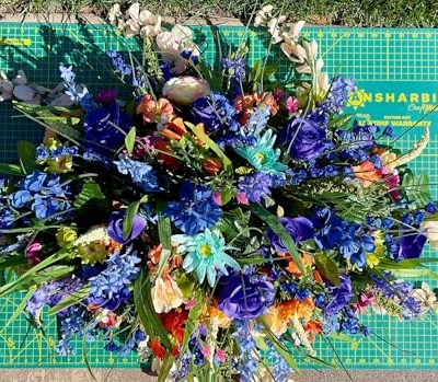 Product: Jucgghk Vivid and Realistic Floral Art 36" Blue and Cream Cemetery Saddle,Artificial Memorial Day Saddle for Cemetery Headstone