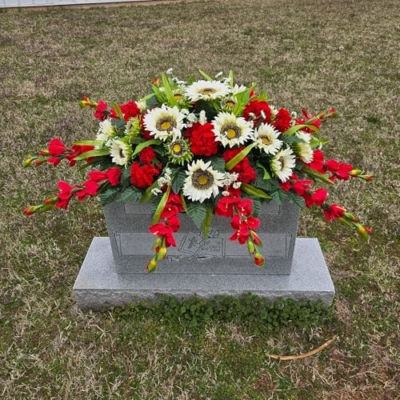 Product: Cream Sunflower Red Geranium Gladiolus Large Cemetery Saddle Memorial Decoration - Realistic Silk Faux Floral Artificial Grave Flowers for Headstone Decorating