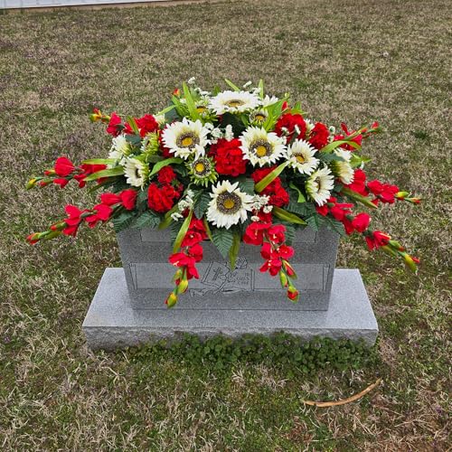 Product: Cream Sunflower Red Geranium Gladiolus Large Cemetery Saddle Memorial Decoration - Realistic Silk Faux Floral Artificial Grave Flowers for Headstone Decorating