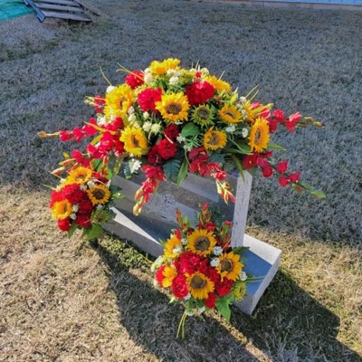 Product: Yellow Sunflower Red Geranium Gladiolus Large Cemetery Saddle & Cone Pair - 3 Memorial Decorations - Realistic Silk Faux Floral Artificial Grave Flowers for Headstone