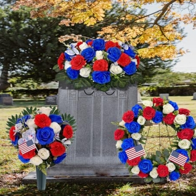 Silky Flower Store Cemetery Wreath, Memorial Day Grave Wreath, Blue White Rose Red Carnation, 2 Flags, 30 Inch Easel Stand, 30 inch 14 14 Product: Saxili Cemetery Wreaths, Memorial Day Grave Wreath with 30 inch Easel Stand,Headstone Wreath Flower with Gravestone Hanger-Artificial Blue/White Rose and Red Carnation,2 Flags Included