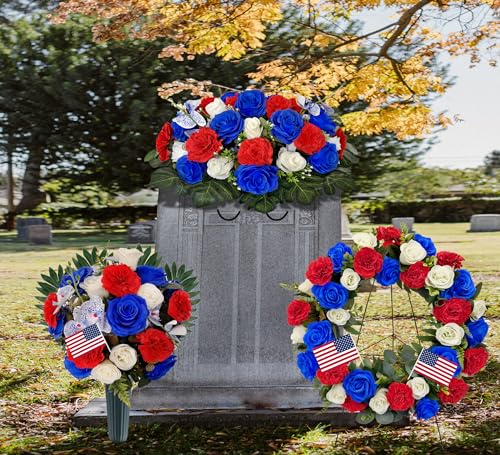 Silky Flower Store Cemetery Wreath, Memorial Day Grave Wreath, Blue White Rose Red Carnation, 2 Flags, 30 Inch Easel Stand, 30 inch 5 5 Product: Saxili Cemetery Wreaths, Memorial Day Grave Wreath with 30 inch Easel Stand,Headstone Wreath Flower with Gravestone Hanger-Artificial Blue/White Rose and Red Carnation,2 Flags Included