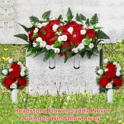 Silky Flower Store Artificial Cemetery Flowers for Grave Headstone Saddle, Red Memorial Floral Arrangement, 3 Piece Set 20.5cm 13 13 Product: Thiccywoov 3 Pcs Artificial Cemetery Flowers for Grave Funeral Headstone Saddle Mum Rose Bouquets with Vase Memorial Flowers for Outdoor Grave Tombstone Cemetery Decoration(Red)