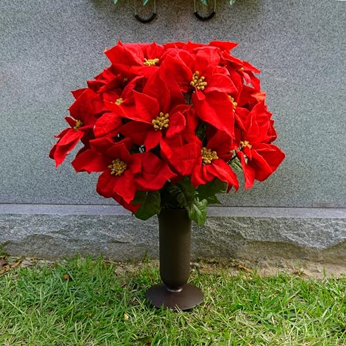 Product: Sympathy Silks Artificial Cemetery Flowers – Christmas Poinsettias, Outdoor Winter Grave Decorations - Red Poinsettia Bouquet