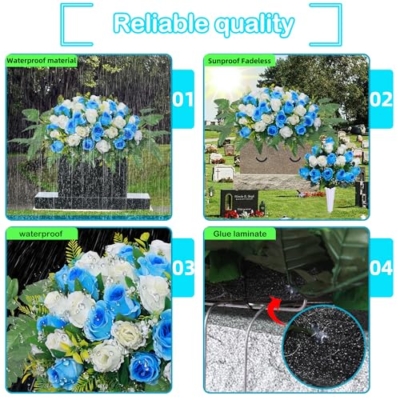 Silky Flower Store Artificial Cemetery Flower Saddle with Vase, Grave Memorial Blue White Rose Bouquet, 27in x 17in x 7.5in 9 9 Product: Artificial Cemetery Flower Saddles, Cemetery Memorial Flowers with Vase,Outdoor Grave Saddle Headstone Decorations, Artificial Rose Bouquet Grave Memorial Flowers (Blue White)