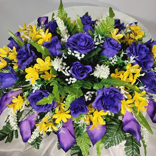 Product: Purple Calla Lilies Headstone Saddle, Roses Yellow Filler Silk Grave Flowers for Perfect Cemetery Decoration Garland for Table Centerpiece Holiday Party Weddi