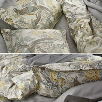 Product: Eikei Chinoiserie Chic Peacock Floral Duvet Cover Paradise Garden Botanical Bird and Tree Branches Vintage Stylized Long Staple Cotton 3pc Bedding Set (Yellow, Queen)