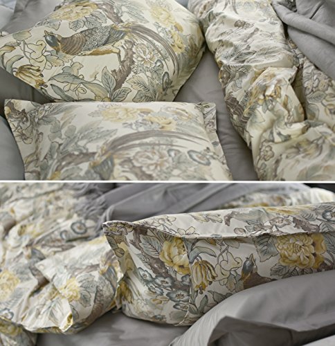 Product: Eikei Chinoiserie Chic Peacock Floral Duvet Cover Paradise Garden Botanical Bird and Tree Branches Vintage Stylized Long Staple Cotton 3pc Bedding Set (Yellow, Queen)