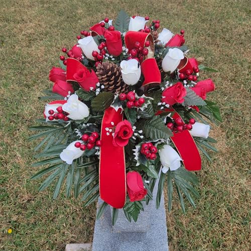 Product: Red Headstone Saddle, White Rosebuds Headstone Saddle for Funeral or Christmas Memorial Decoration Garland for Table Centerpiece Holiday Party Weddi
