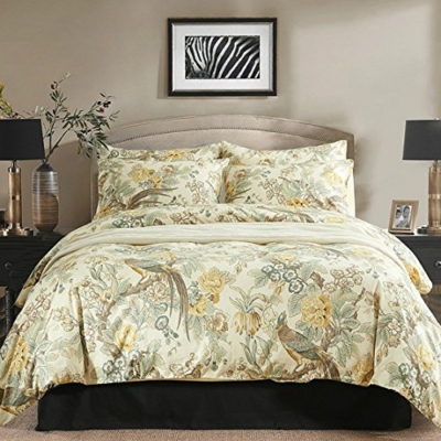 Product: Eikei Chinoiserie Chic Peacock Floral Duvet Cover Paradise Garden Botanical Bird and Tree Branches Vintage Stylized Long Staple Cotton 3pc Bedding Set (Yellow, Queen)