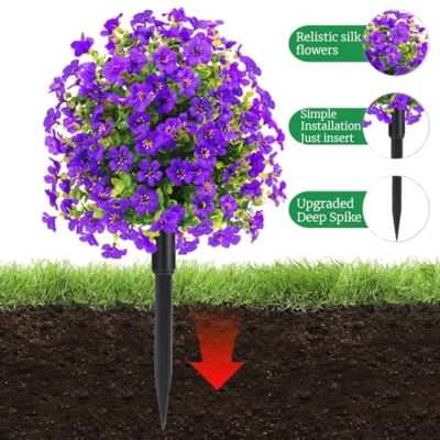 Product: 22.8" Set of 2 Fall Artificial Boxwood Topiary Ball Trees with Spikes,UV Resistant Fake Outdoor shrubs with Violet Flowers, Realistic Faux Plants Bushes for Garden Porch Yard Patio Decor(Purple)