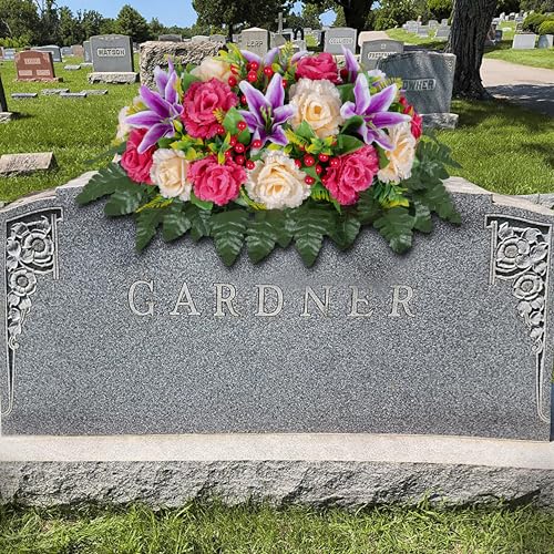 Product: LVXINLI Cemetery Headstone Flower Saddle -Outdoor Grave Decorations ，Mixed of Artificial Silk Rose and Lily for Tombstones (red, Saddle)