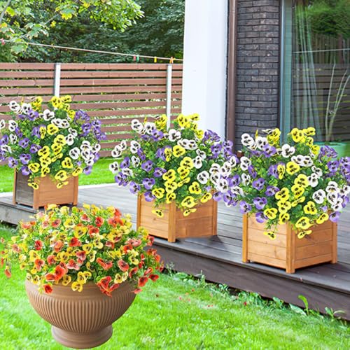 Product: Siganorpy 12 Bundles Artificial Flowers Outdoors Pansy Plants Fake Flowers Decor Eucalyptus Artificial Grass Shrubs Bushes UV Resistant Plastic Flowers Fern for Garden Porch Home (Red+Yellow)