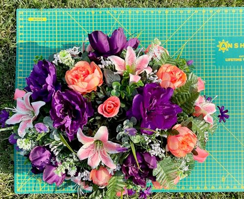 Product: Jucgghk Vivid and Realistic Floral Art 28" Lilies Flower Cemetery Saddle, Beautiful Headstone Saddle Arrangement for Outdoor Gravestone Decorations