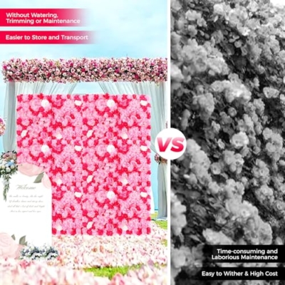 Product: 12-Piece Artificial Flower Wall Panels with Realistic Dahlia Rose Hydrangea, Wall Backdrop, Pink Rose Red Gradient Floral Backdrop for Wedding Birthday Party Decor, Indoor Outdoor Decoration