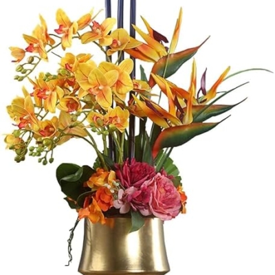 Product: CAIMIAO Artificial Flowers with Ceramic Vase,Artificial Orchid Bird of Paradise Artificial Flower Arrangement for Home Decoration