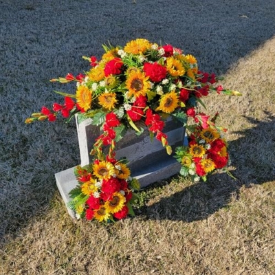 Product: Yellow Sunflower Red Geranium Gladiolus Large Cemetery Saddle & Cone Pair - 3 Memorial Decorations - Realistic Silk Faux Floral Artificial Grave Flowers for Headstone
