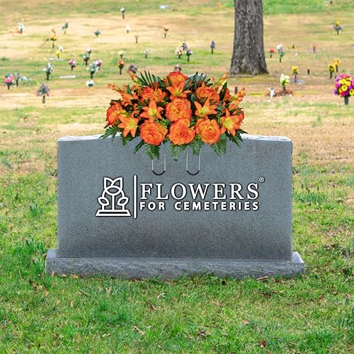 Product: Sympathy Silks 30" Headstone Flower Saddle Artificial Cemetery Flowers - Gravesite Flowers - Sunrise Gladiolus Roses, Lilies