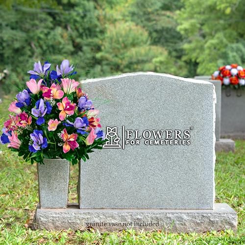 Product: Sympathy Silks Artificial Cemetery Flowers – Realistic Vibrant Tulips, Outdoor Grave Decorations - 1 Cream Pink Tulip Purple Iris Bouquet