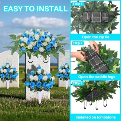 Silky Flower Store Artificial Cemetery Flower Saddle with Vase, Grave Memorial Blue White Rose Bouquet, 27in x 17in x 7.5in 11 11 Product: Artificial Cemetery Flower Saddles, Cemetery Memorial Flowers with Vase,Outdoor Grave Saddle Headstone Decorations, Artificial Rose Bouquet Grave Memorial Flowers (Blue White)